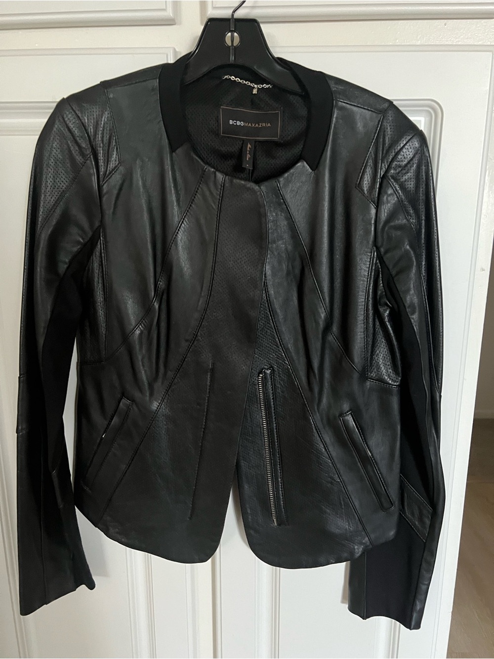 BCBGMaxAzria Black Perforated Paneled Leather Jacket